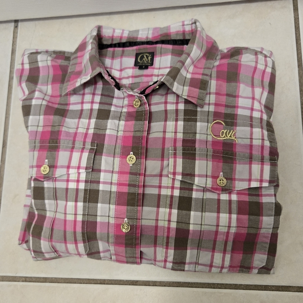 CAVI Men's plaid Pink, gray, white shirt cuffed sz S
